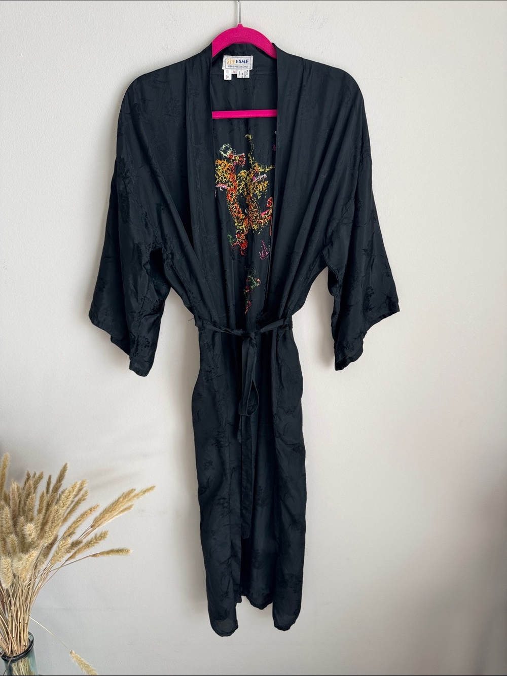 Vintage Esme Black Dragon Embroidered Rayon Kimono Robe Duster M - Picture 13 of 13